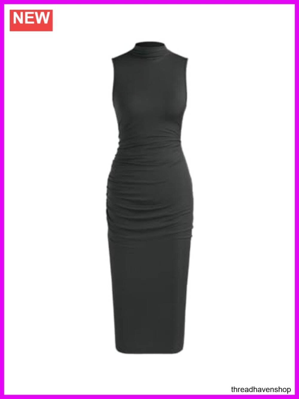 Mock Neck Sleeveless Ruched Bodycon Midi Dress